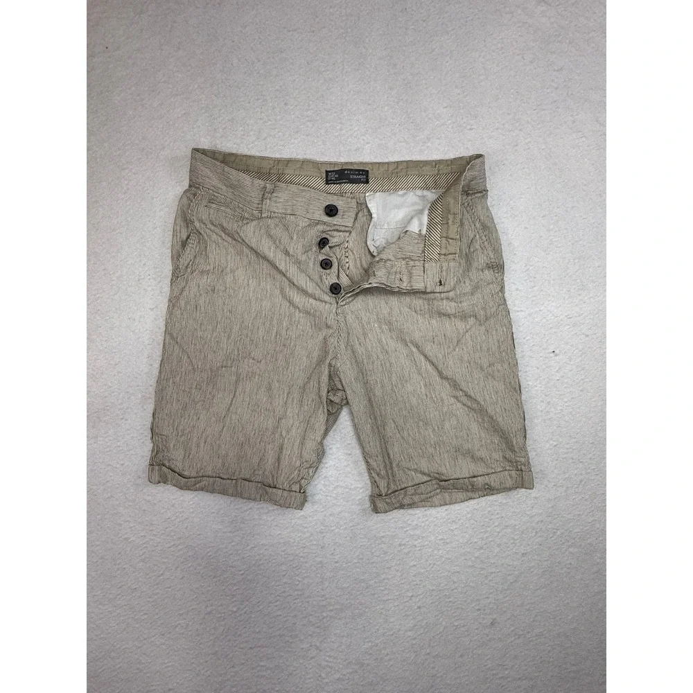 Denim Co Mens Tan Striped Straight Fit Shorts Size W32 Button Fly Casual Summer